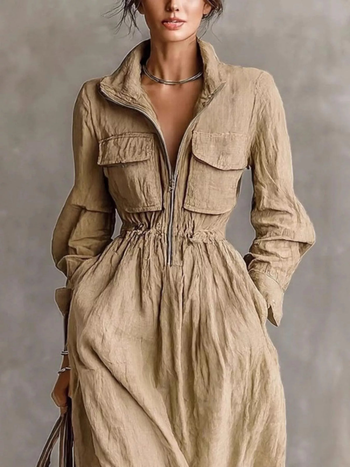 Zip-front Long Sleeve Maxi Shirt Dress (2)