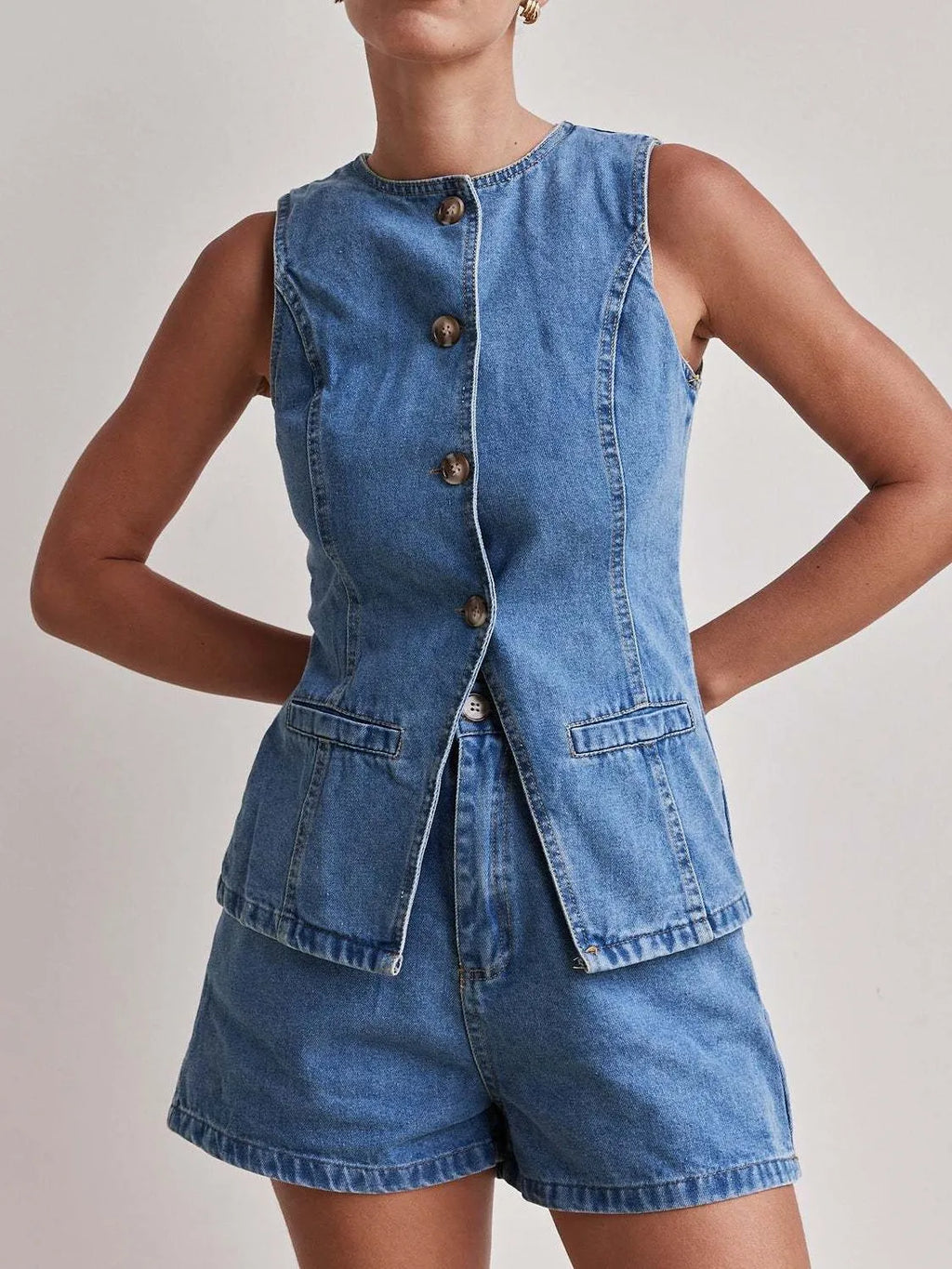 Button Down Vest Shorts Denim Set (11)