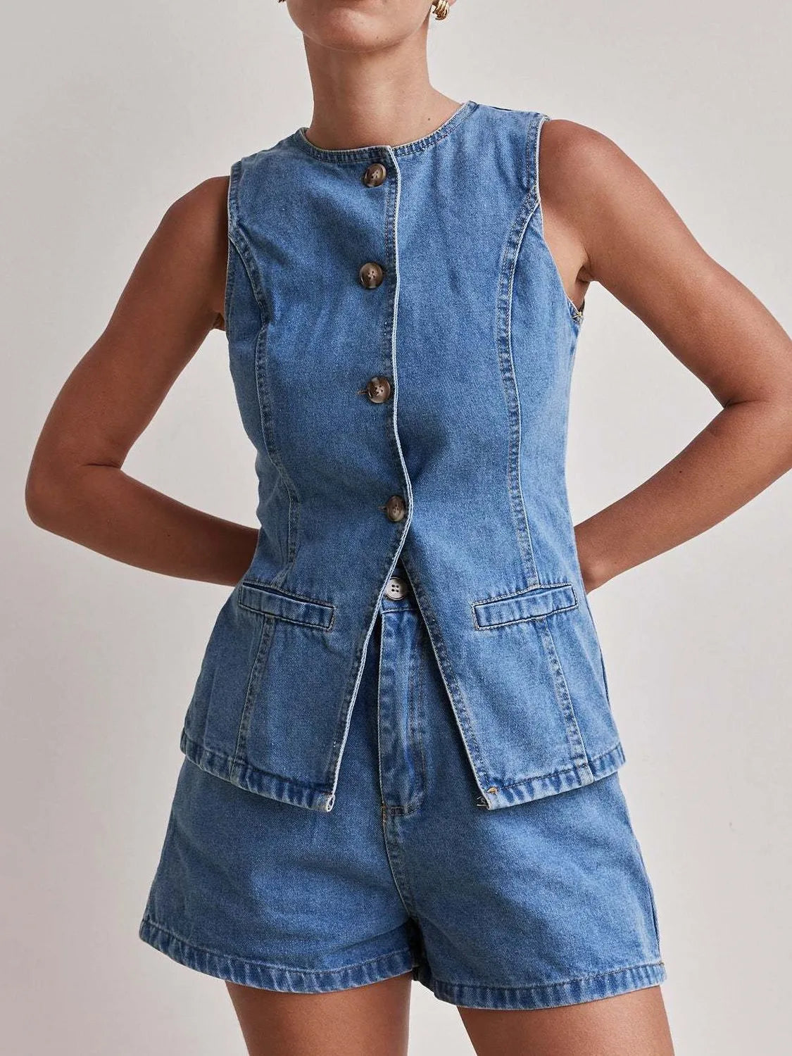 Button Down Vest Shorts Denim Set (11)