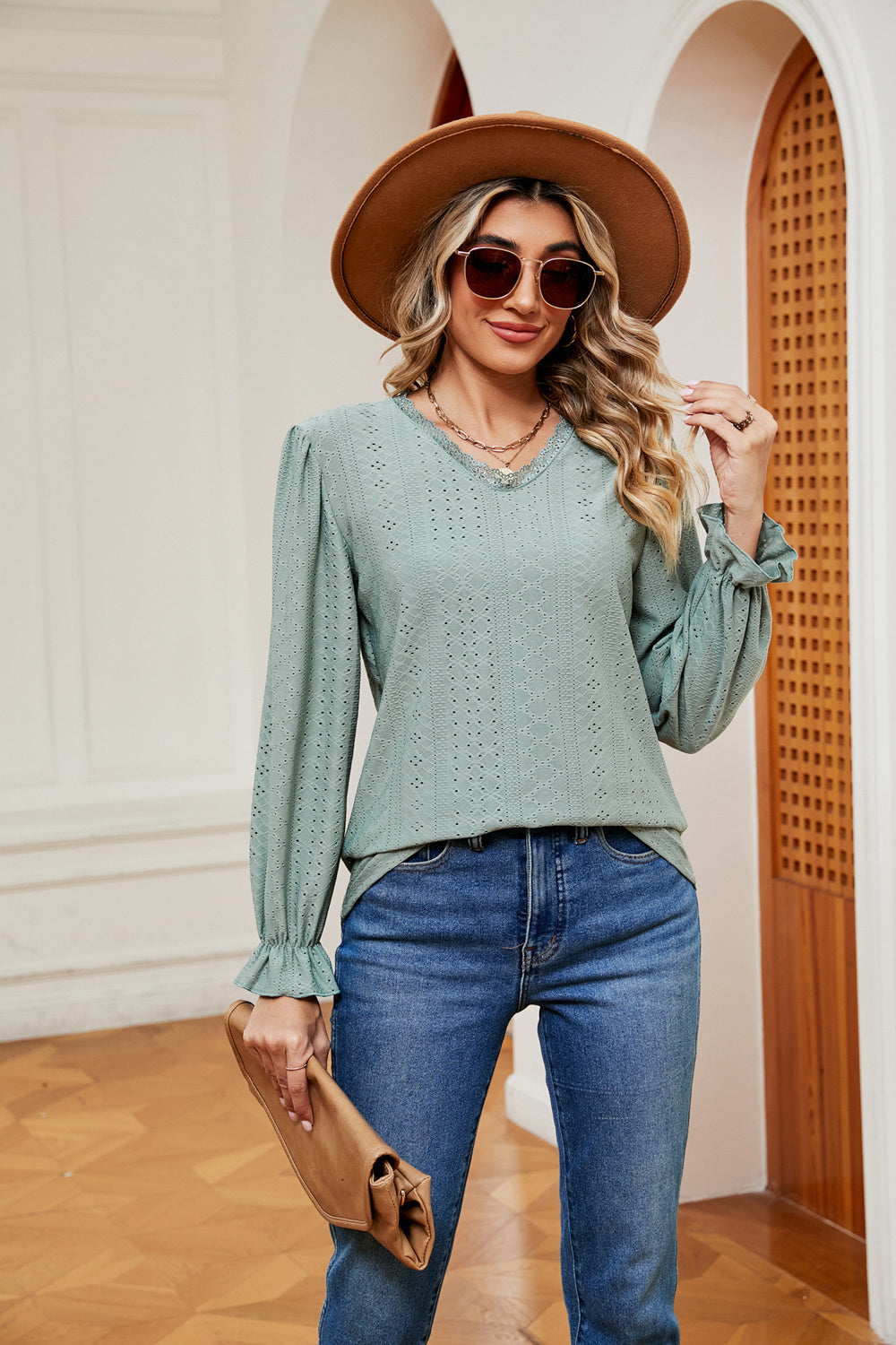 V-neck Flounce Sleeve Blouse (3)