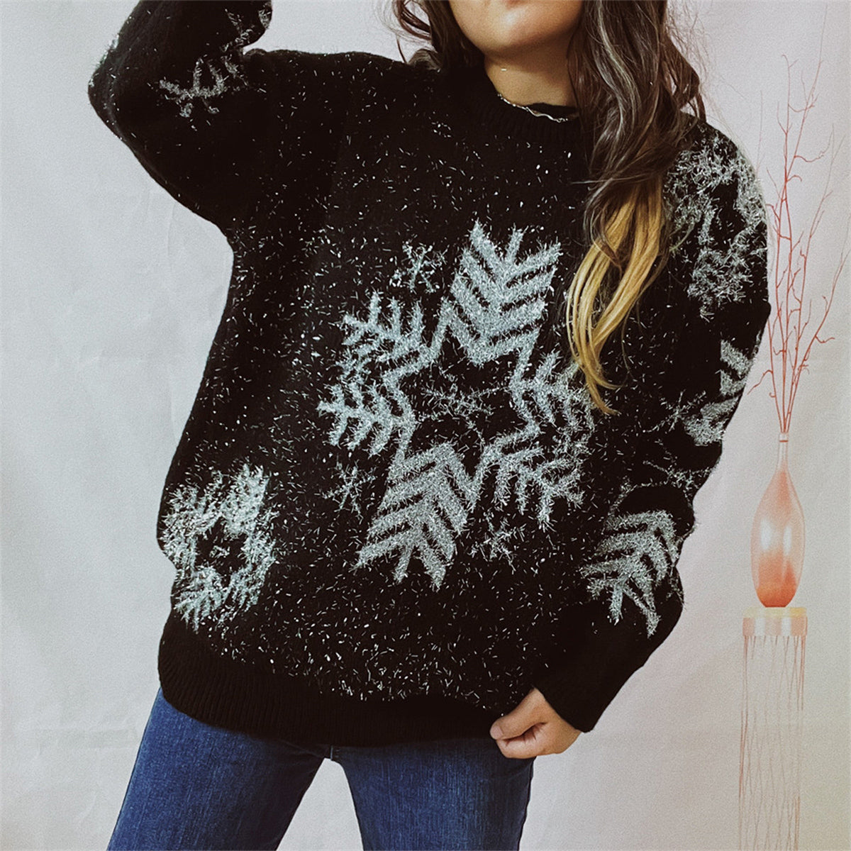 Snowflake Pattern Long Sleeve Sweater (10)