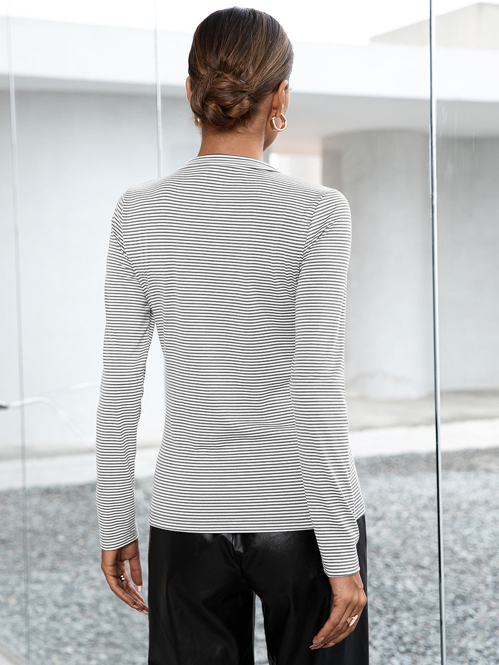 Striped Buttoned V-neck Long Sleeve Top (6)