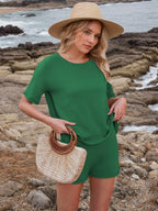 Round Neck Short Sleeve Top Shorts Sweater Set (12)