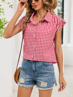 Plaid Button Up Cap Sleeve Shirt (5)