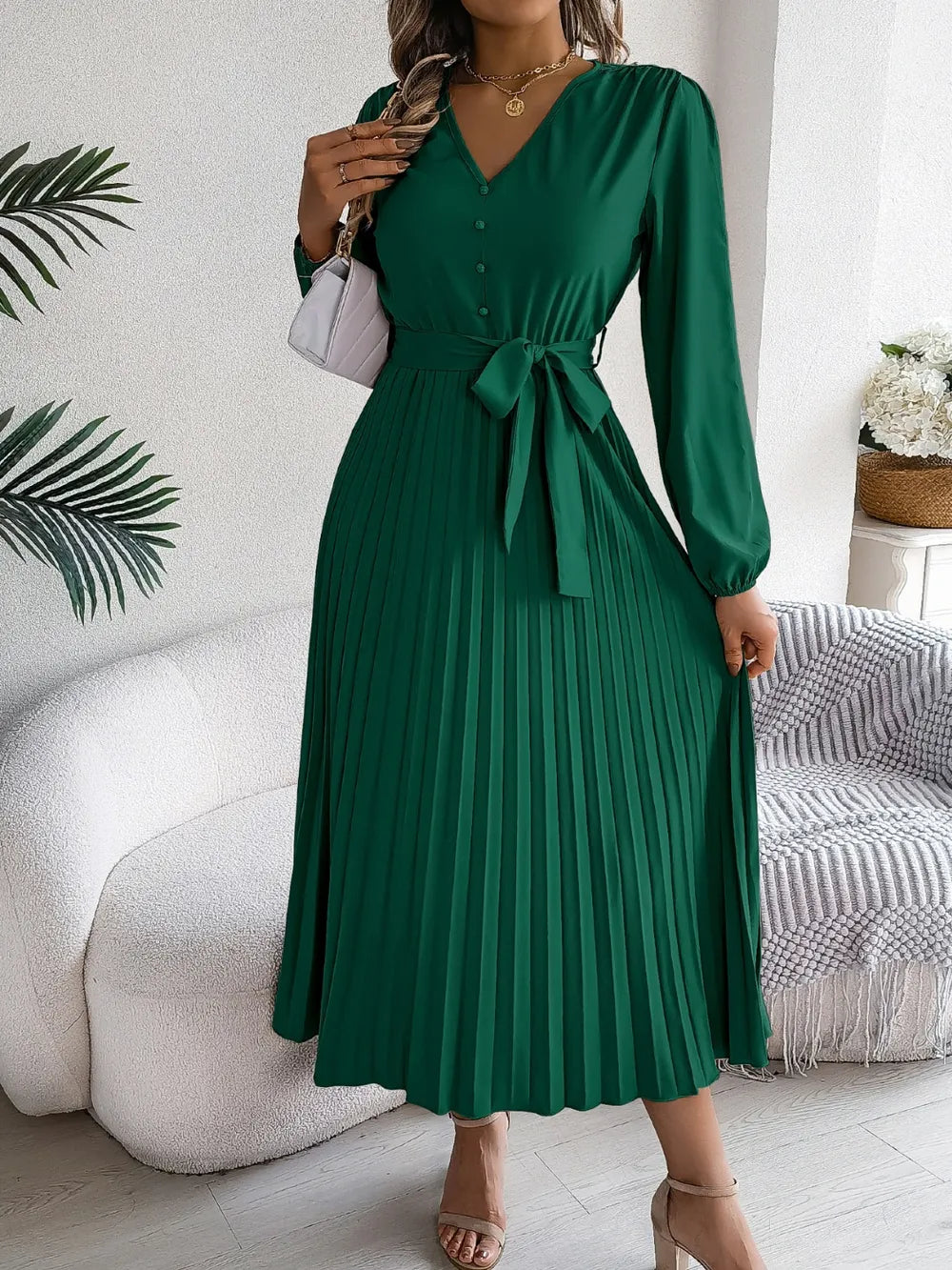 Pleated Tied V-neck Long Sleeve Dress (17)