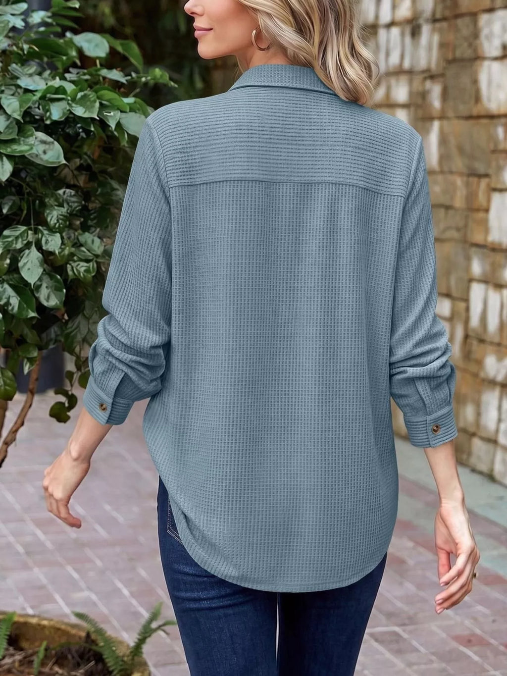 Waffle Knit Button-down Long Sleeve Shirt (6)