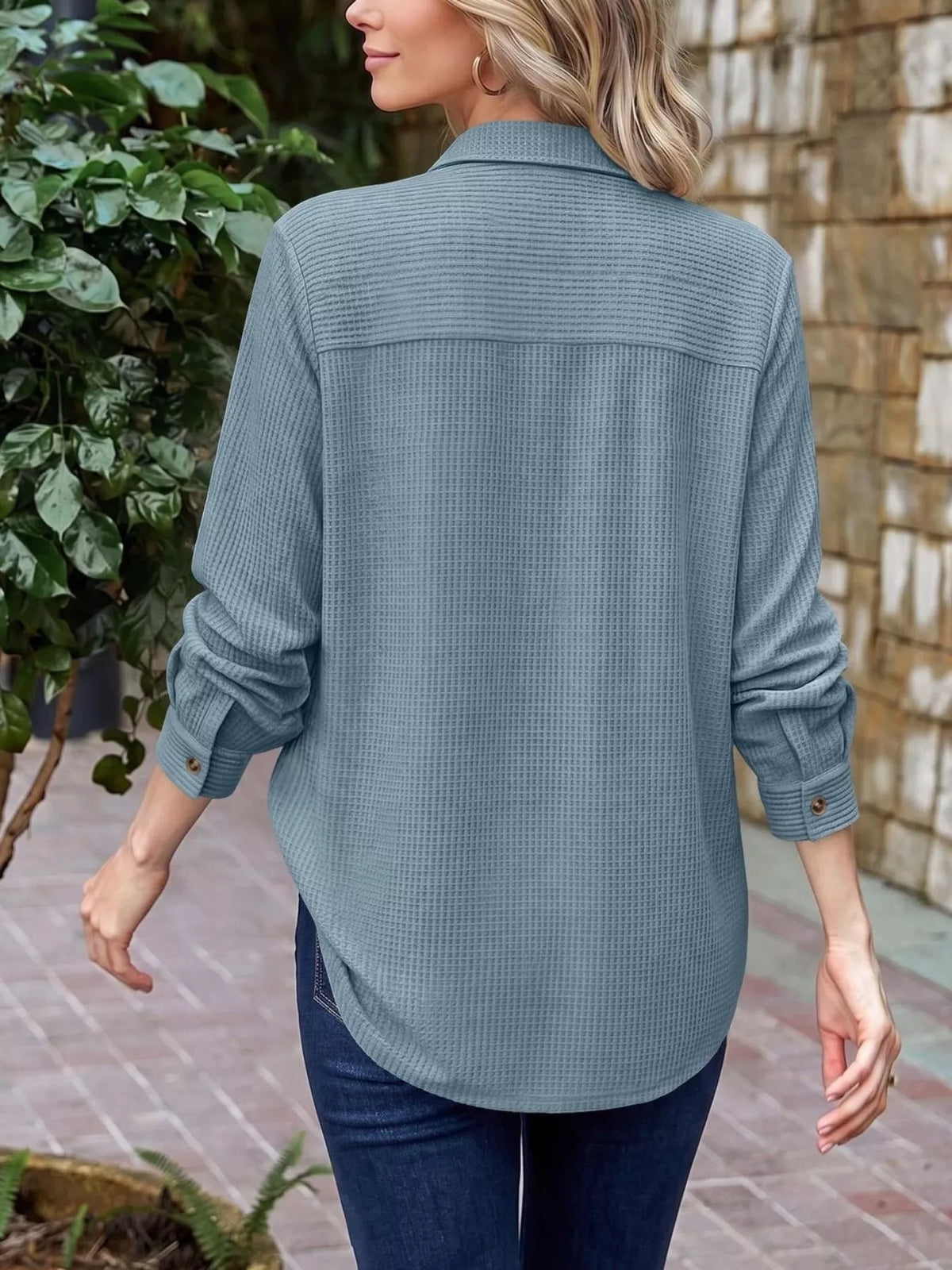 Waffle Knit Button-down Long Sleeve Shirt (6)