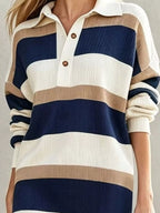 Striped Polo Collar Long Sleeve Sweater Dress (10)