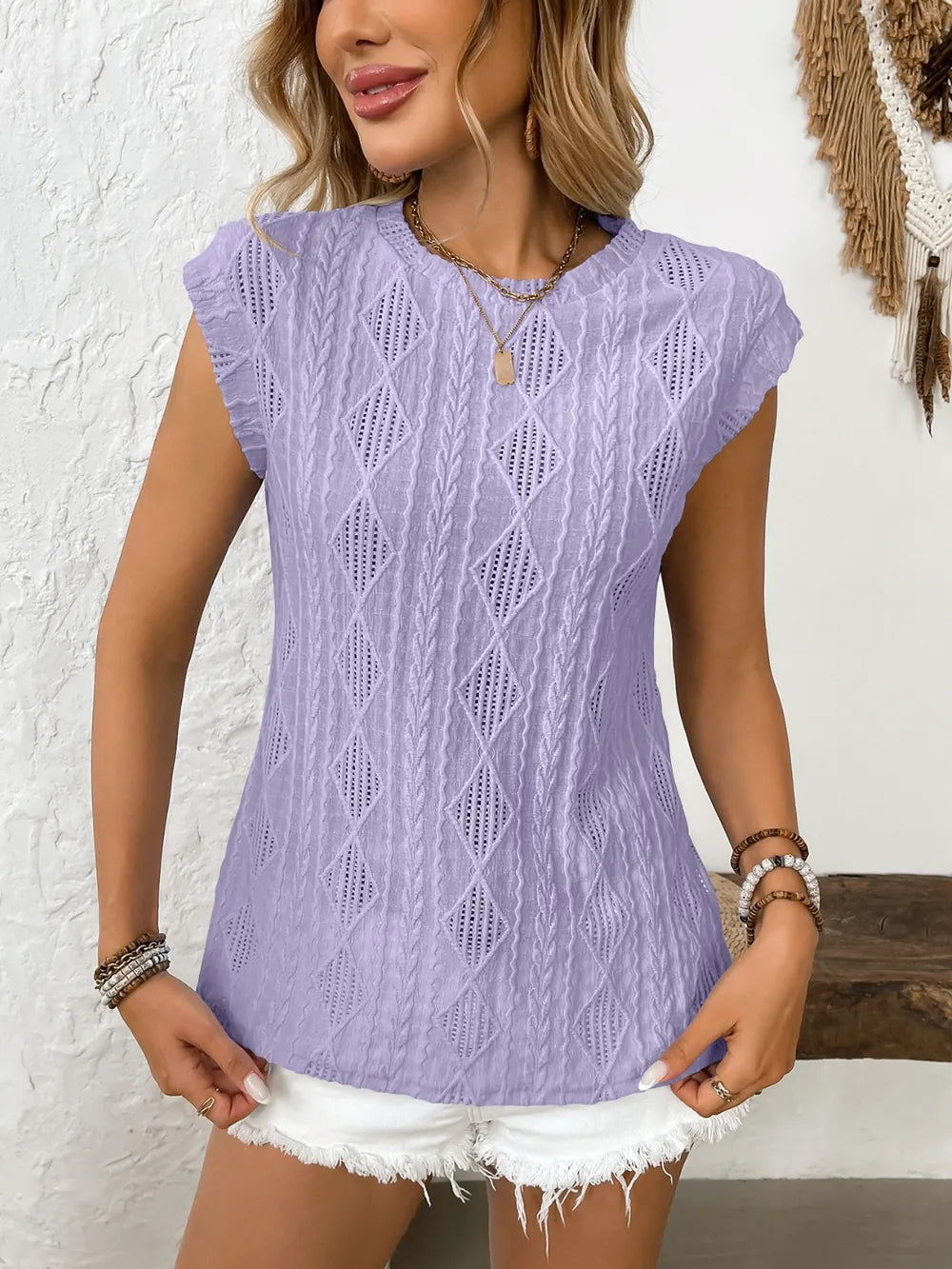 Eyelet Round Neck Cap Sleeve Top (13)