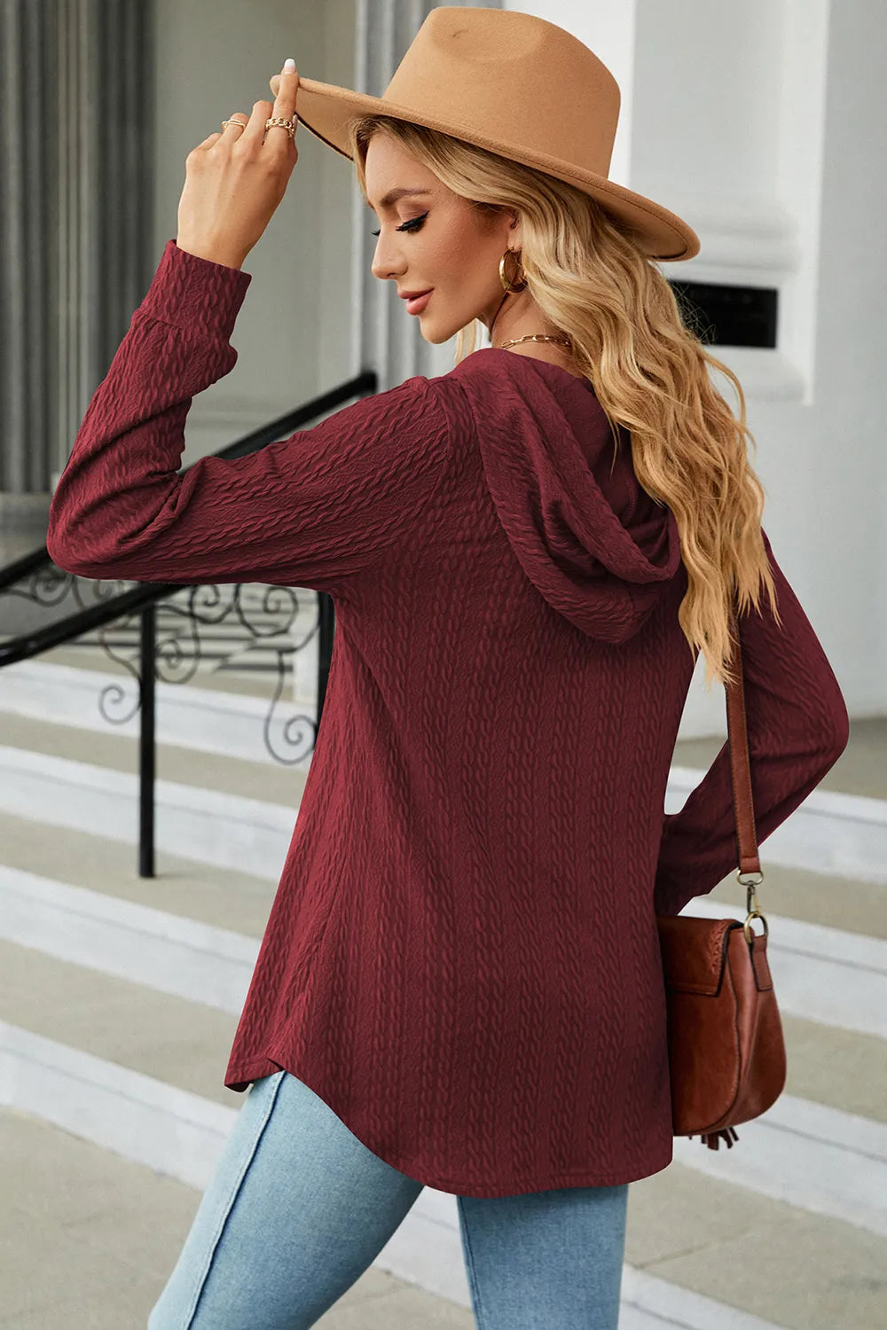 Decorative Button Drawstring Long Sleeve Hoodie (3)