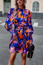 Printed Tie Waist Mock Neck Lantern Sleeve Dress (4)