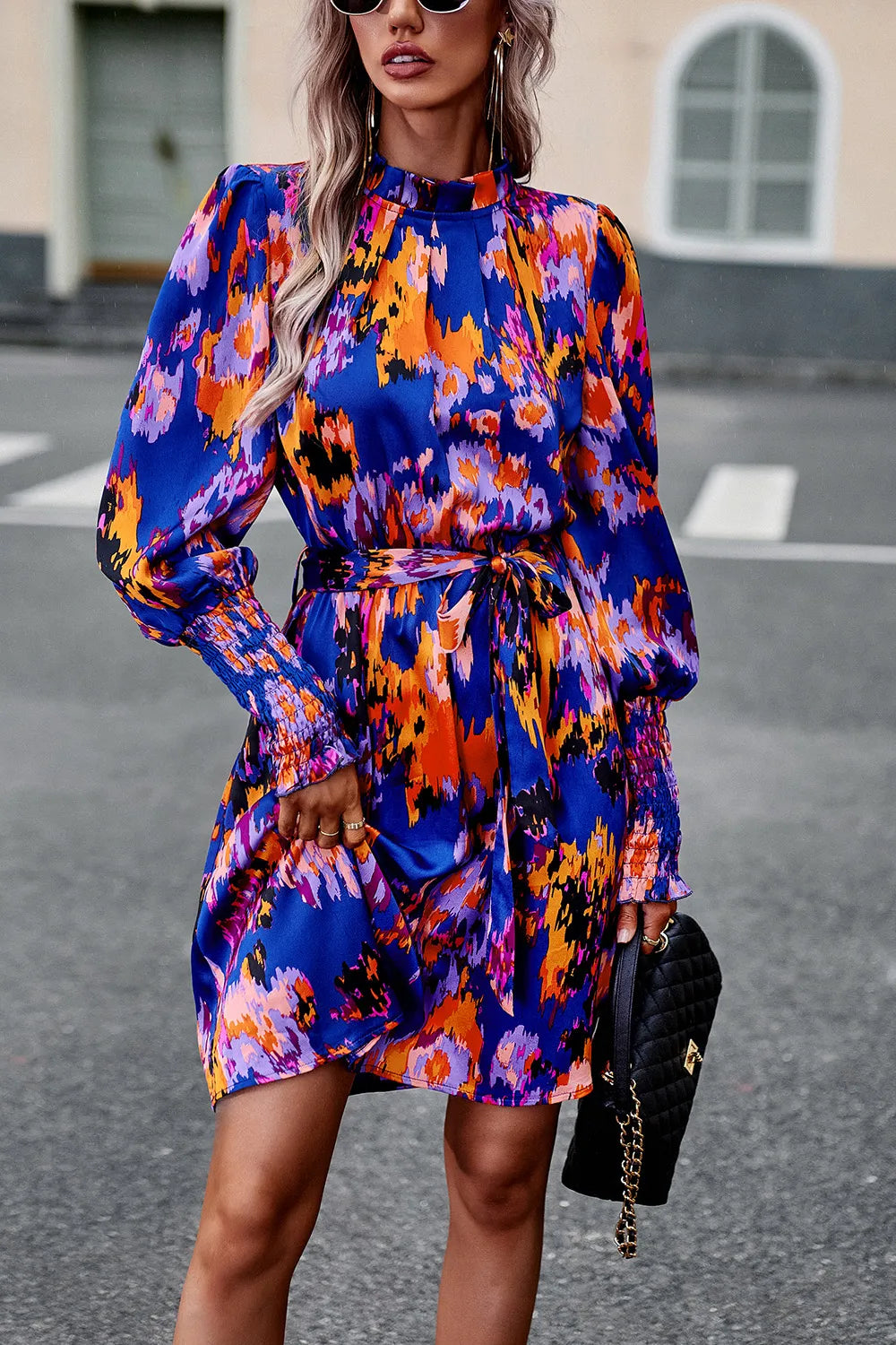 Printed Tie Waist Mock Neck Lantern Sleeve Dress (4)