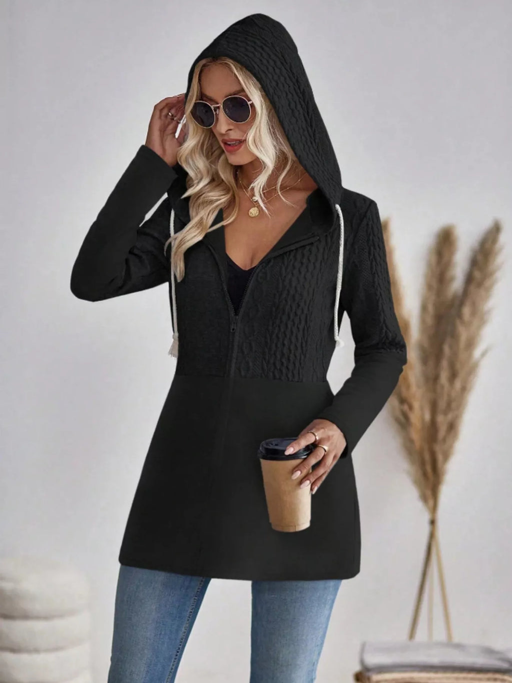 Drawstring Textured Zip Up Hooded Jacket (11)