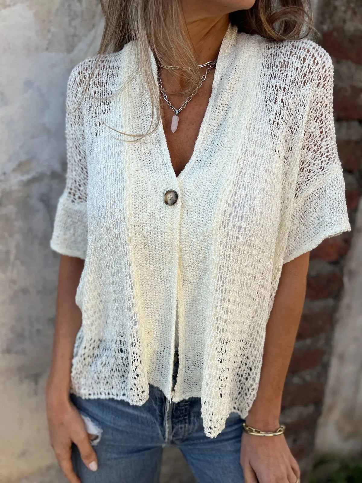 Full Size One Button Half Sleeve Cardigan Plus (5)