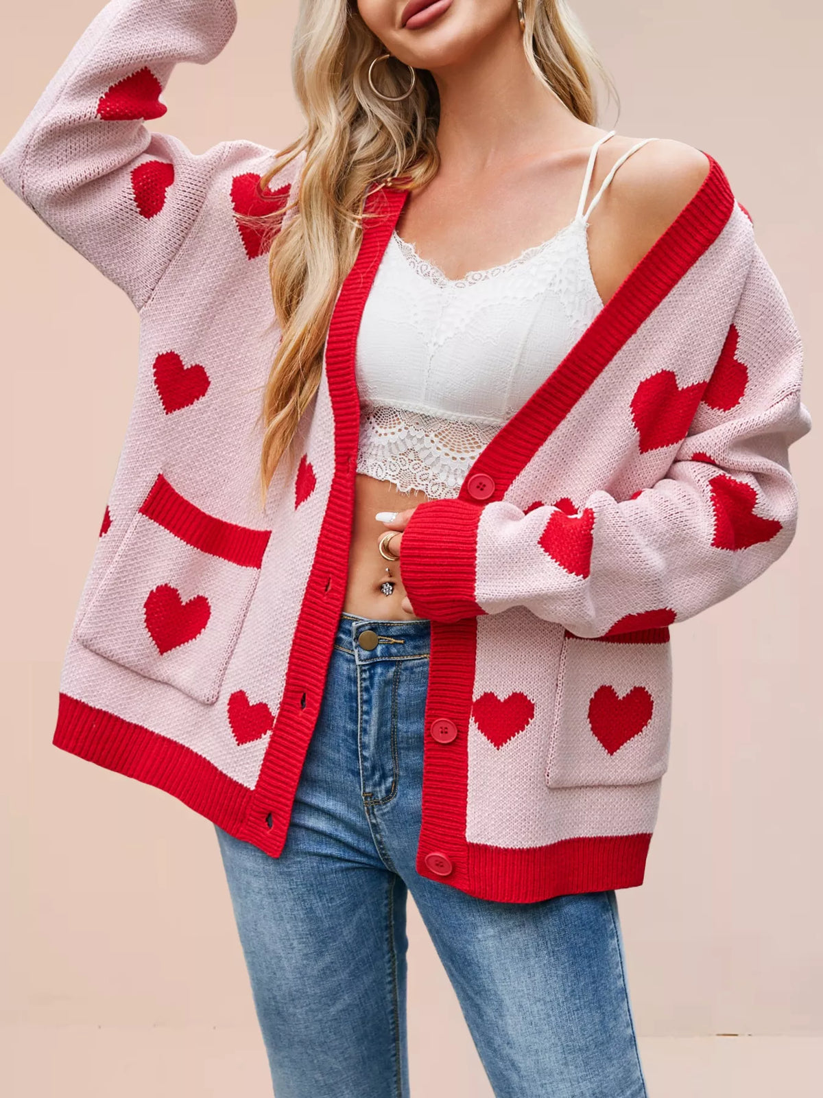 Heart Pattern Button-up Knit Cardigan (2)