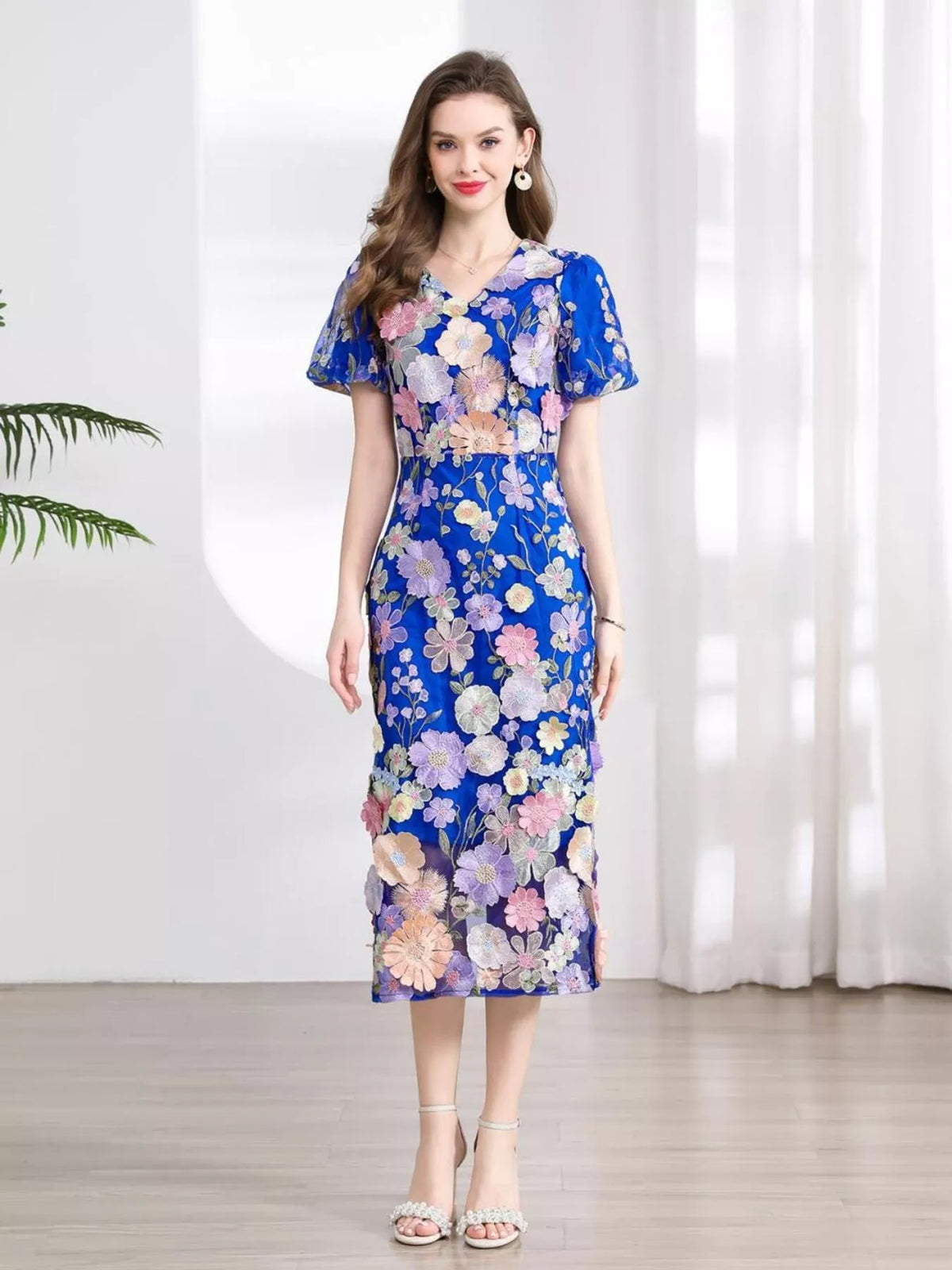 Floral Embroidered Puff Sleeve Midi Dress (18)