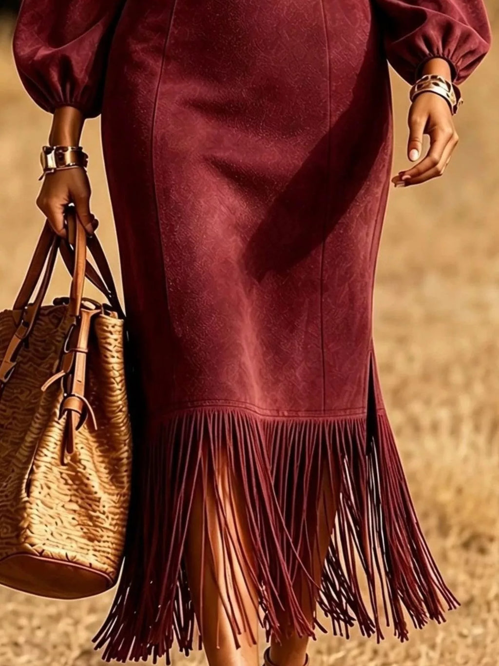 Fringe Round Neck Balloon Sleeve Dress (6)