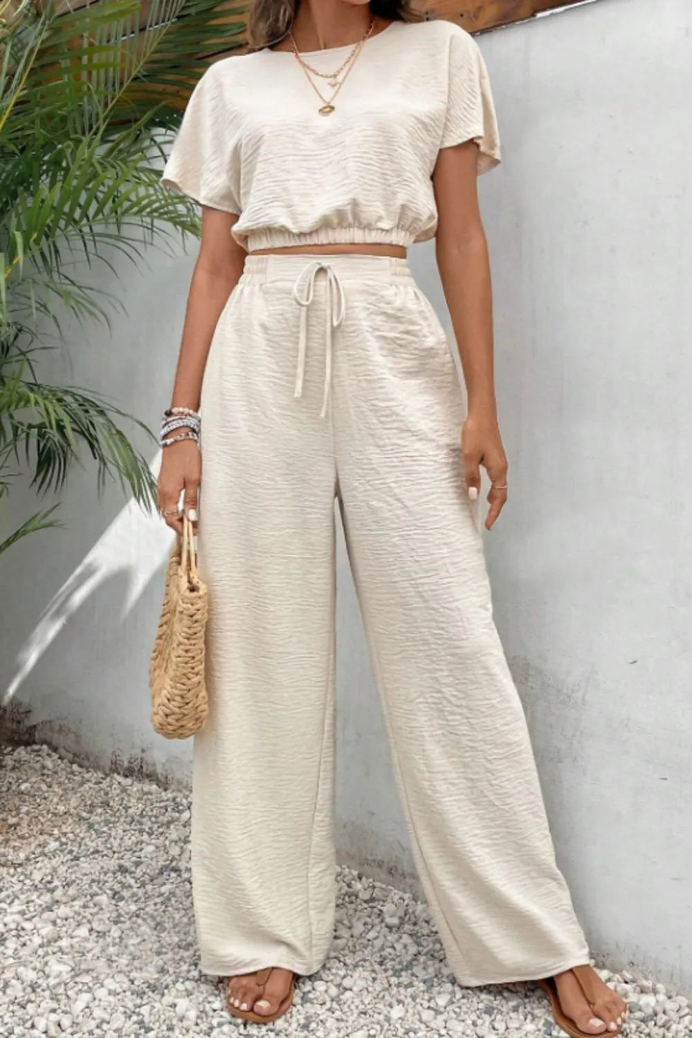 Round Neck Short Sleeve Top Pants Set