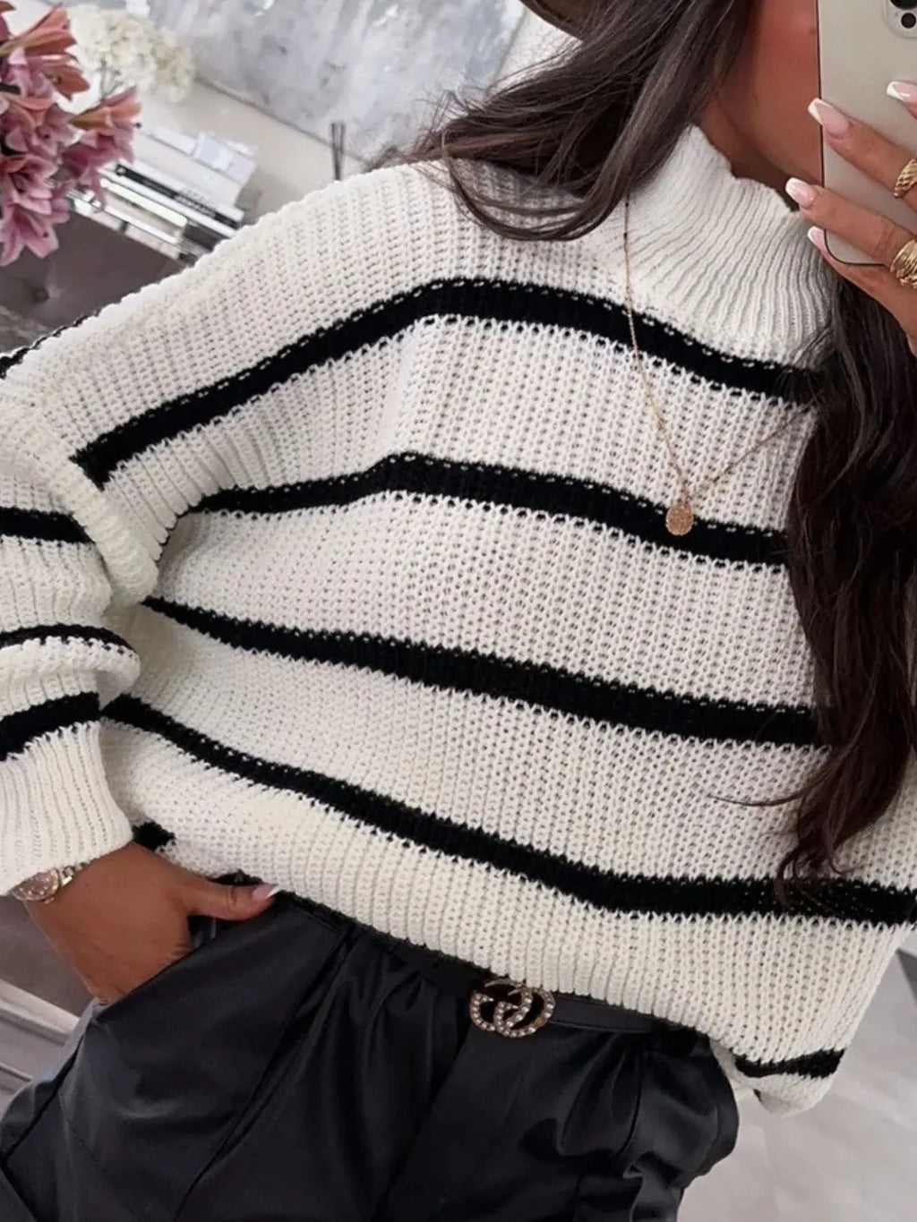 Striped Turtleneck Long Sleeve Sweater (9)