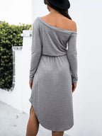 One-shoulder Long Sleeve Midi Dress Drawstring Waist (12)