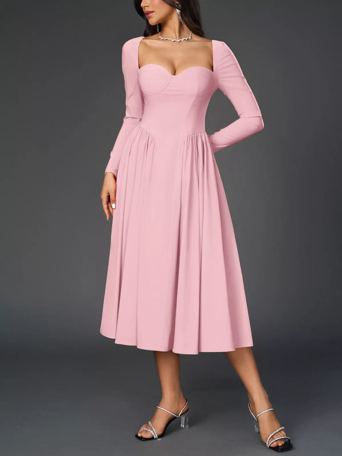 Sweetheart Neckline Long Sleeve A-line Midi Dress (29)