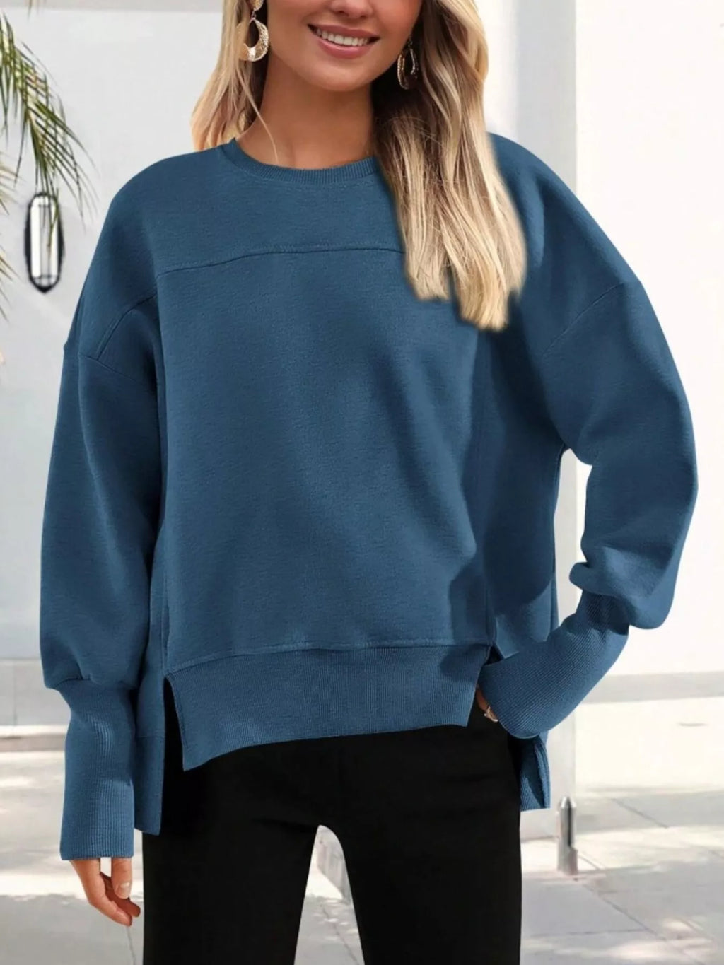Slit Round Neck Dropped Shoulder Sweatshirt (7)