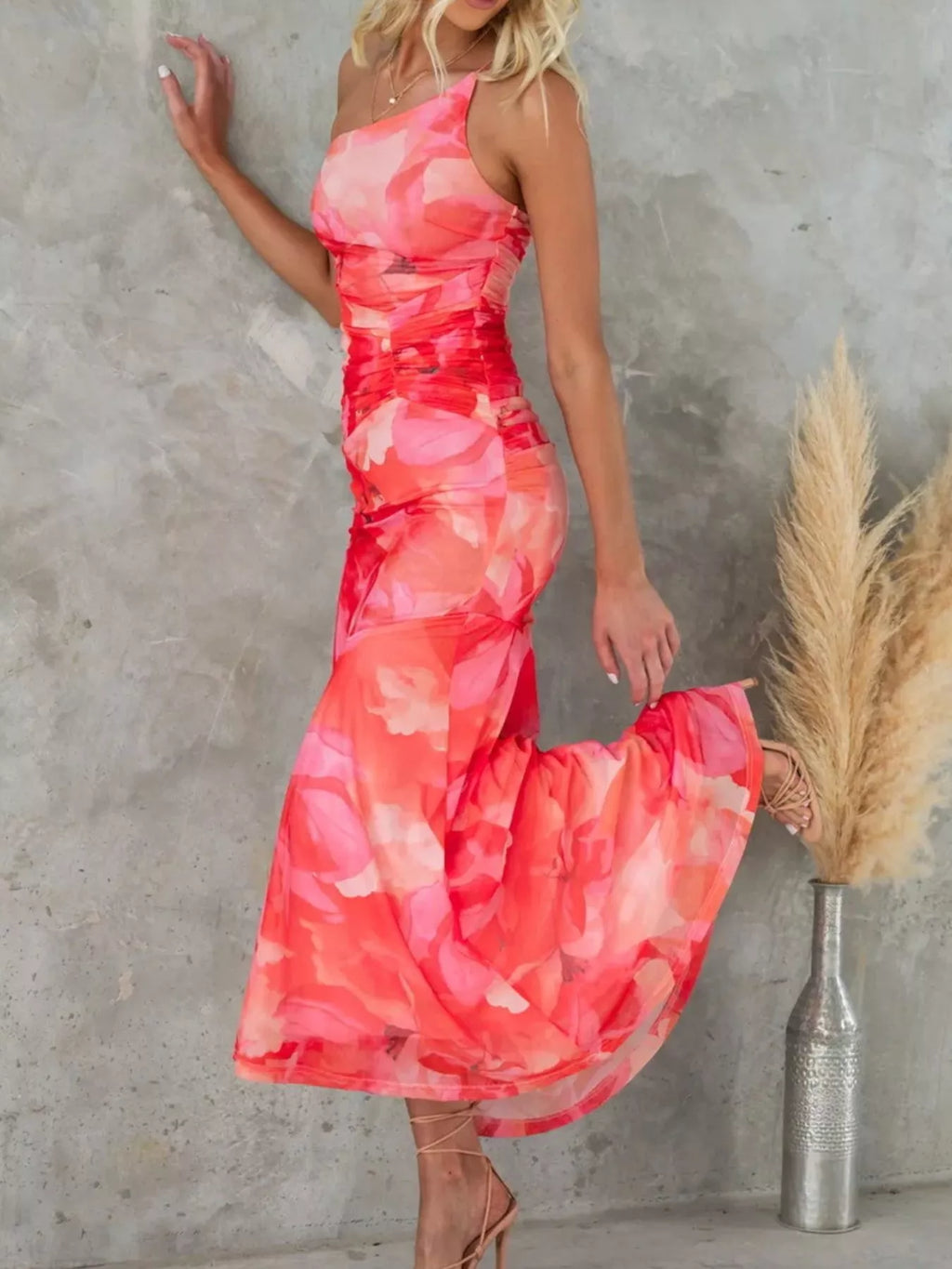 Floral Print One-shoulder Ruched Maxi Dress (10)