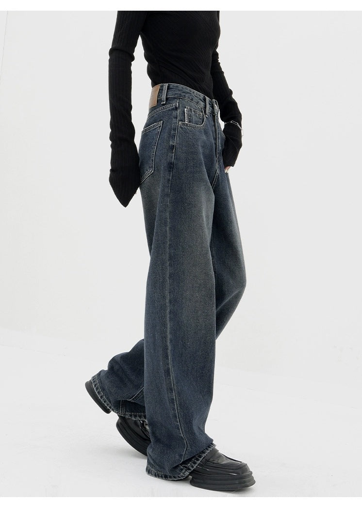 Retro Dark Blue Wide Leg Jeans Baggy Straight Trousers photo 3