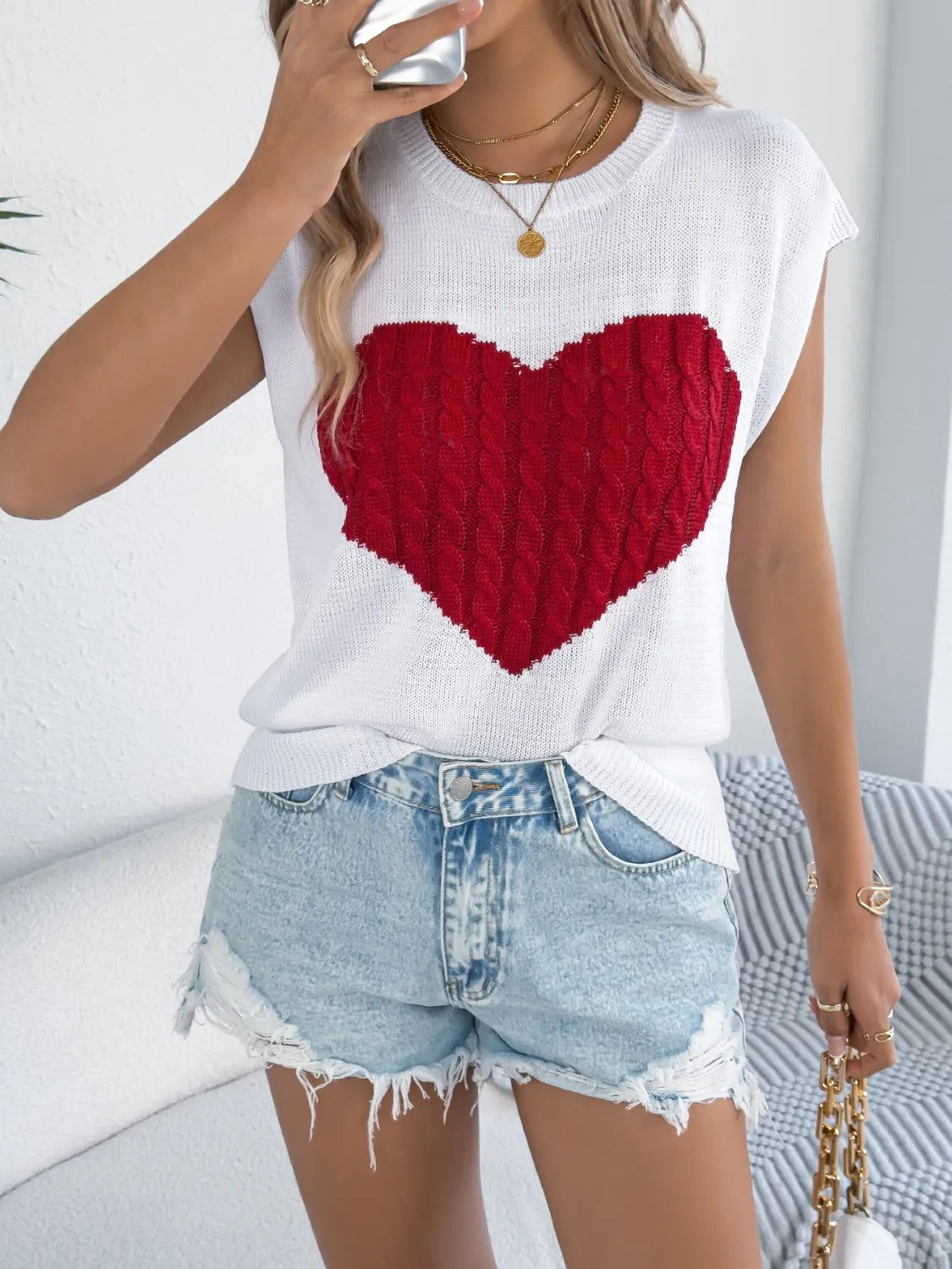 Cable Knit Heart Round Neck Cap Sleeve Top (11)