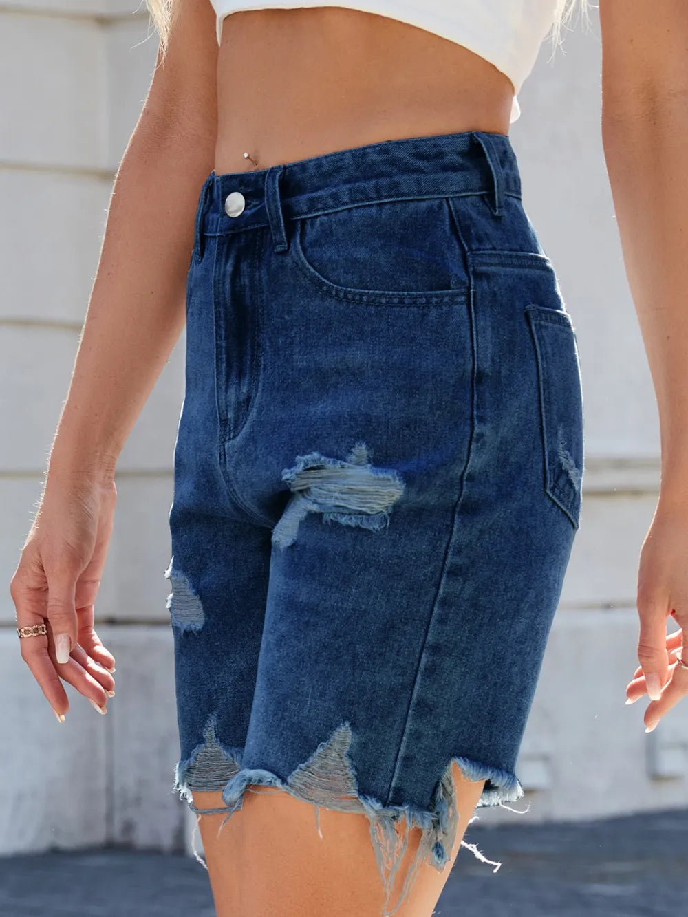 Distressed Raw Hem Denim Shorts (5)