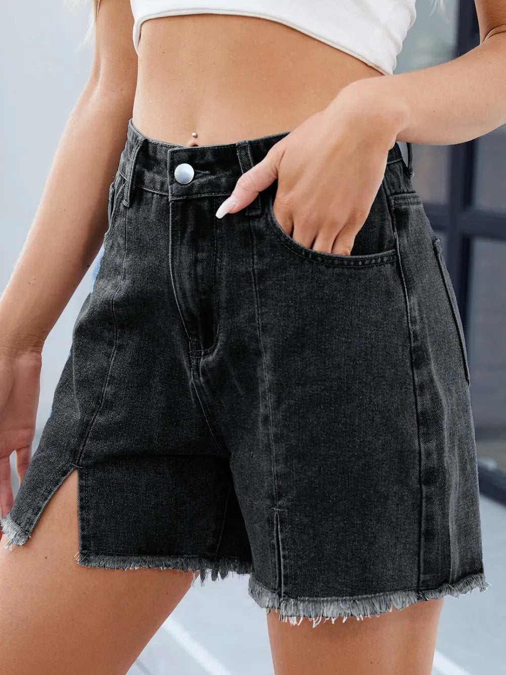 Raw Hem Slit Denim Shorts (2)