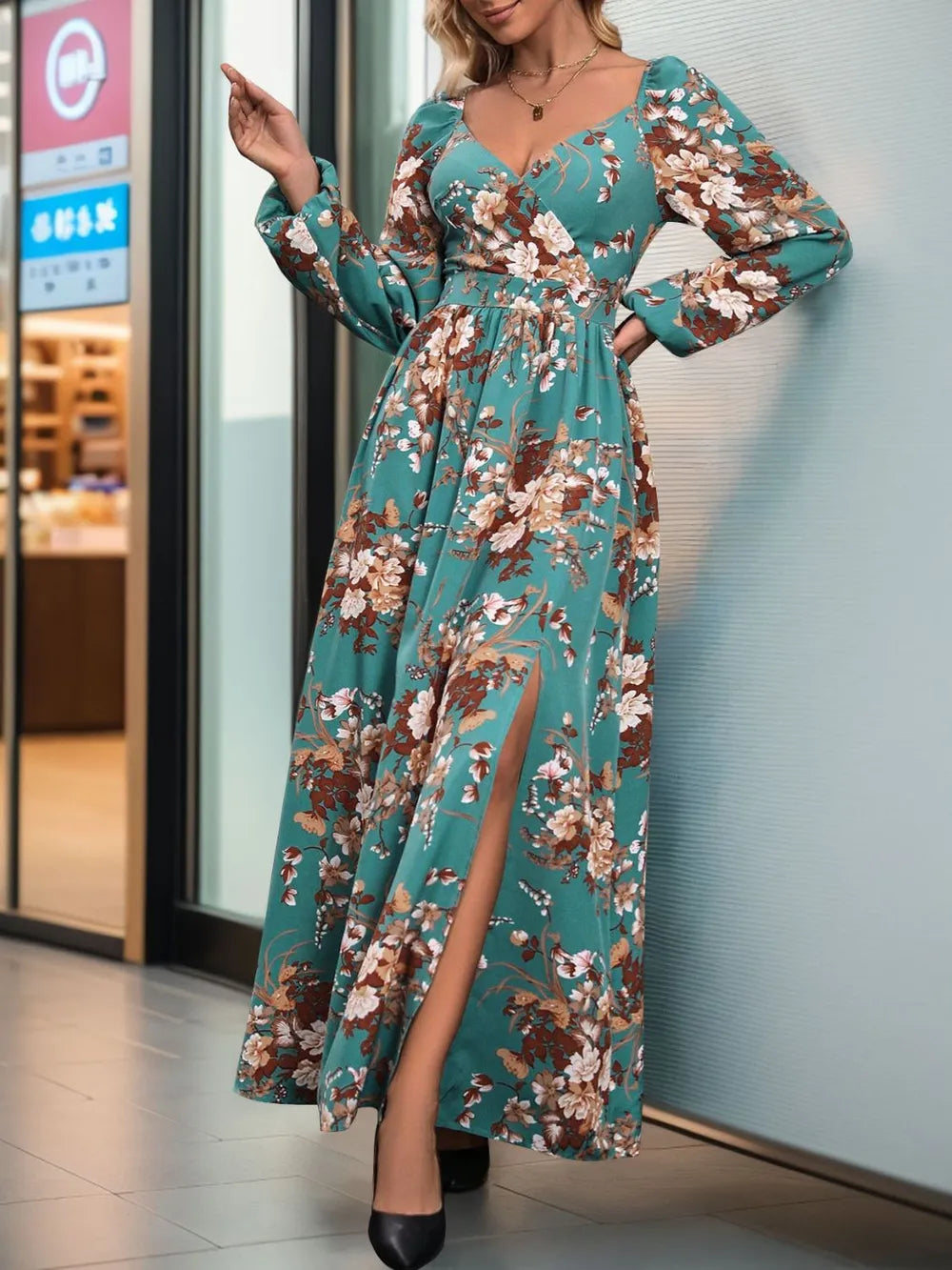 Slit Printed Surplice Long Sleeve Maxi Dress (5)