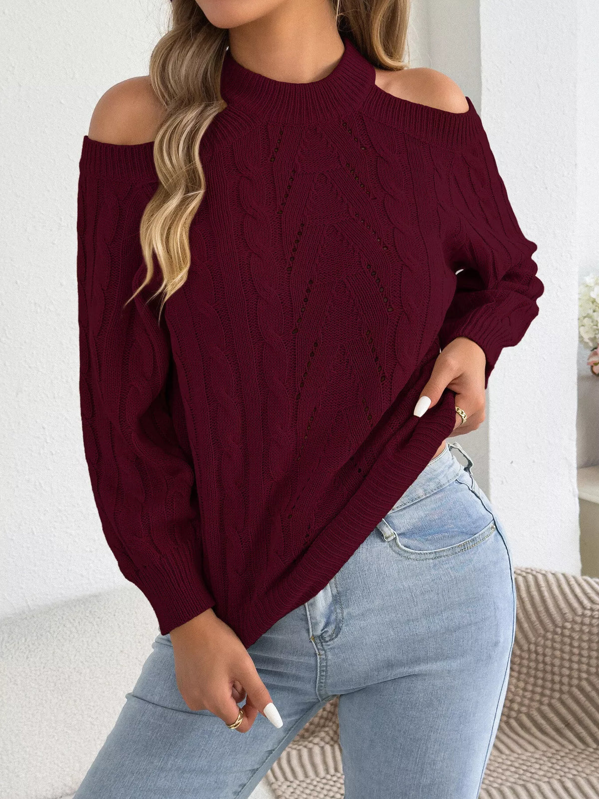 Cold Shoulder Cable Knit Sweater (16)