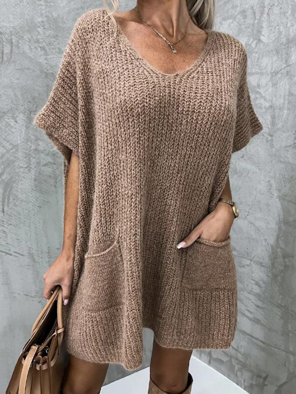 Short Sleeve Sweater Dress Pockets
