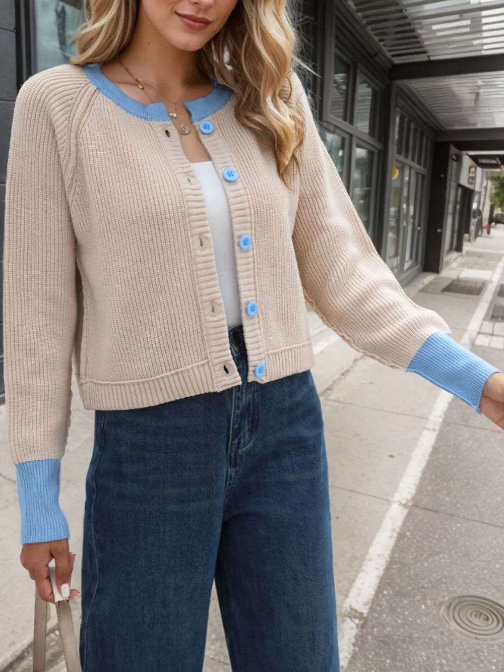 Contrast Button Up Long Sleeve Cardigan (3)