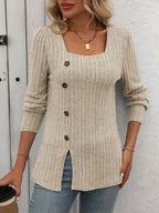 Decorative Button Striped Square Neck Long Sleeve T-shirt (22)