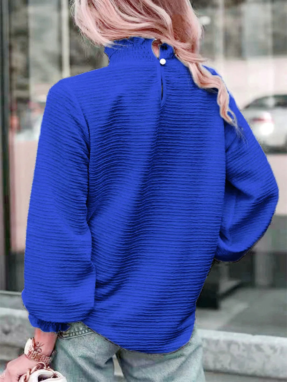 Smocked Frill Mock Neck Long Sleeve Blouse (13)
