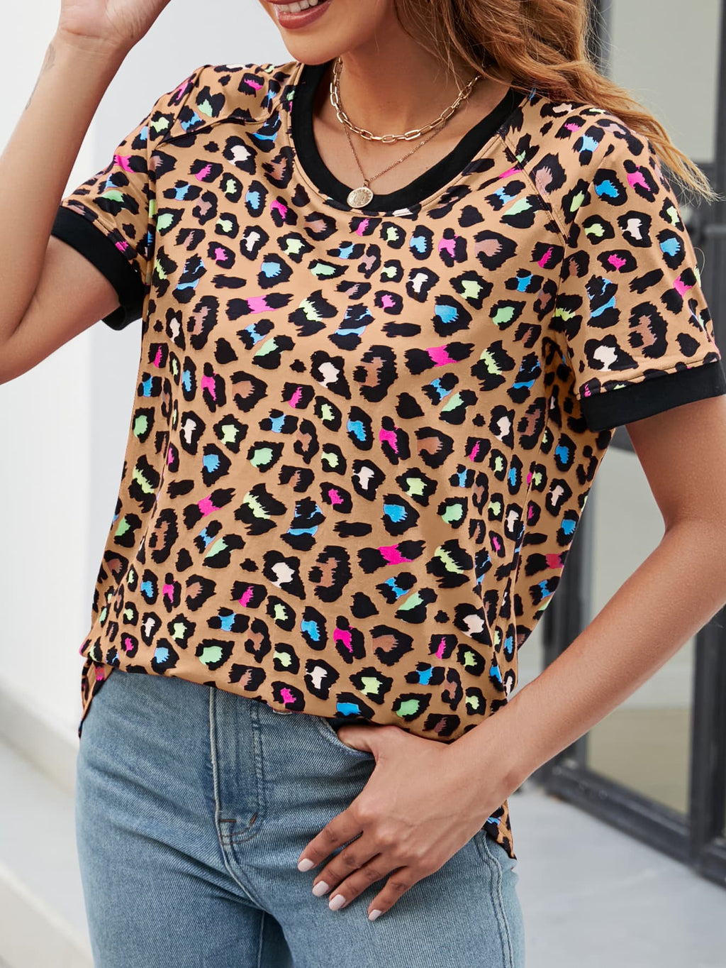 Leopard Round Neck Short Sleeve Tee Shirt (20)