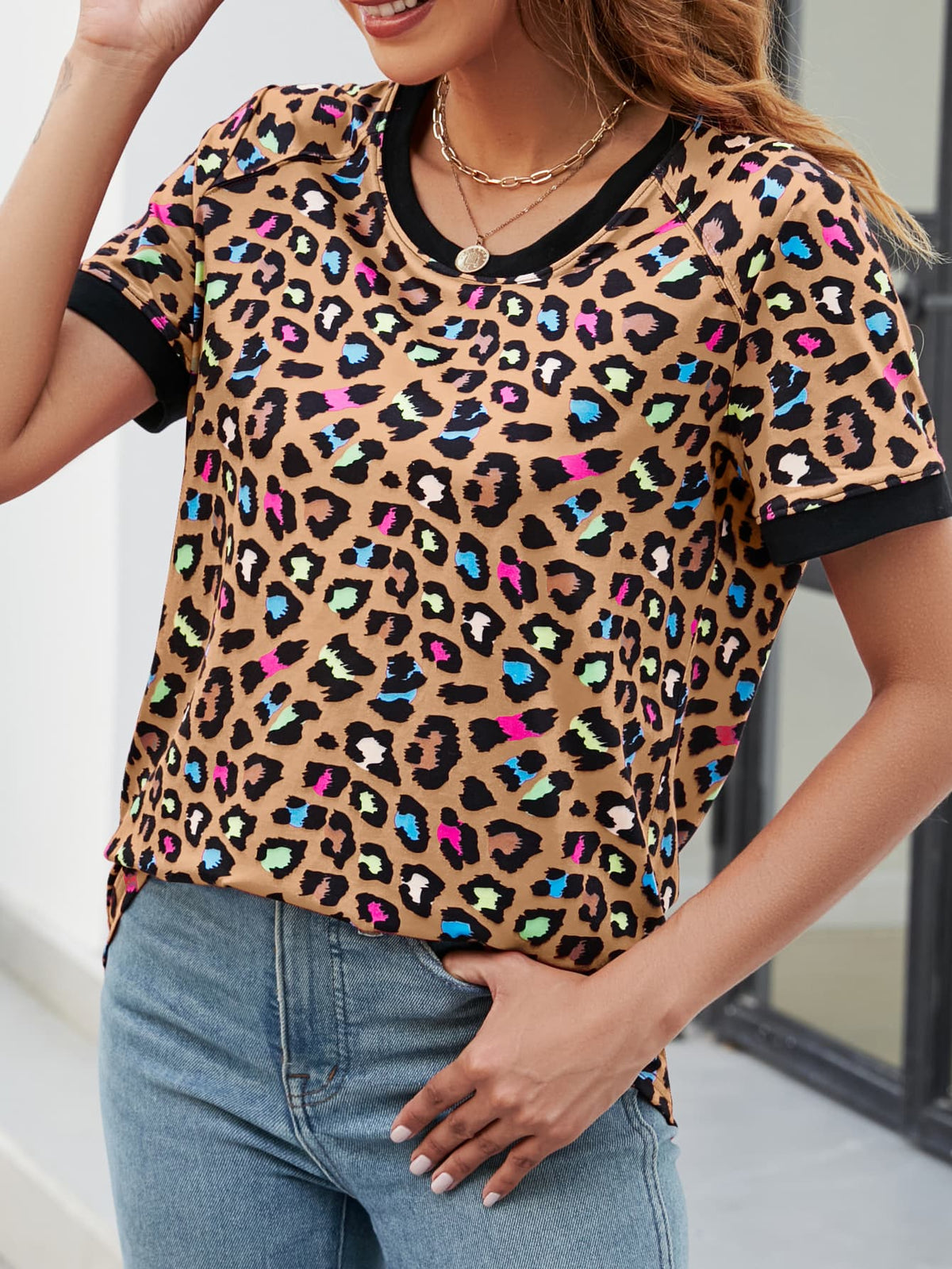 Leopard Round Neck Short Sleeve Tee Shirt (20)