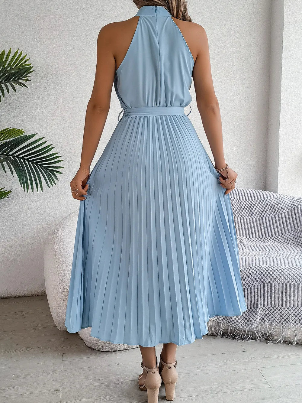 Grecian Neck Tie Waist Pleated Dress (5)