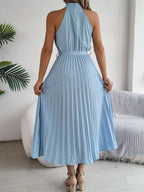 Grecian Neck Tie Waist Pleated Dress (5)