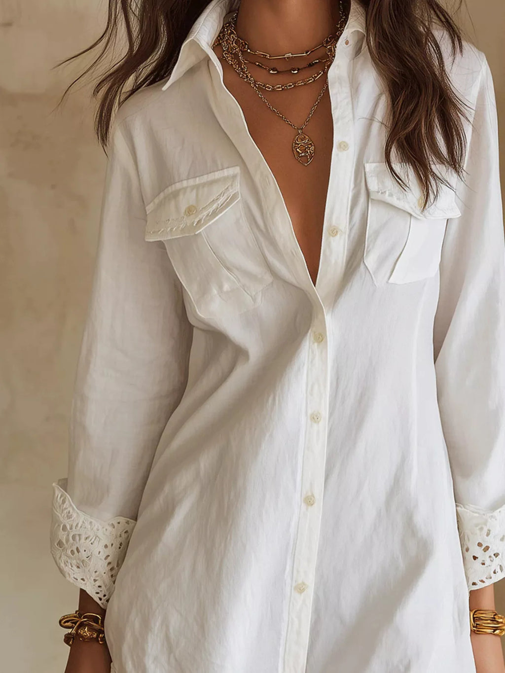 Button-down Shirt Dress Lace Trim (12)