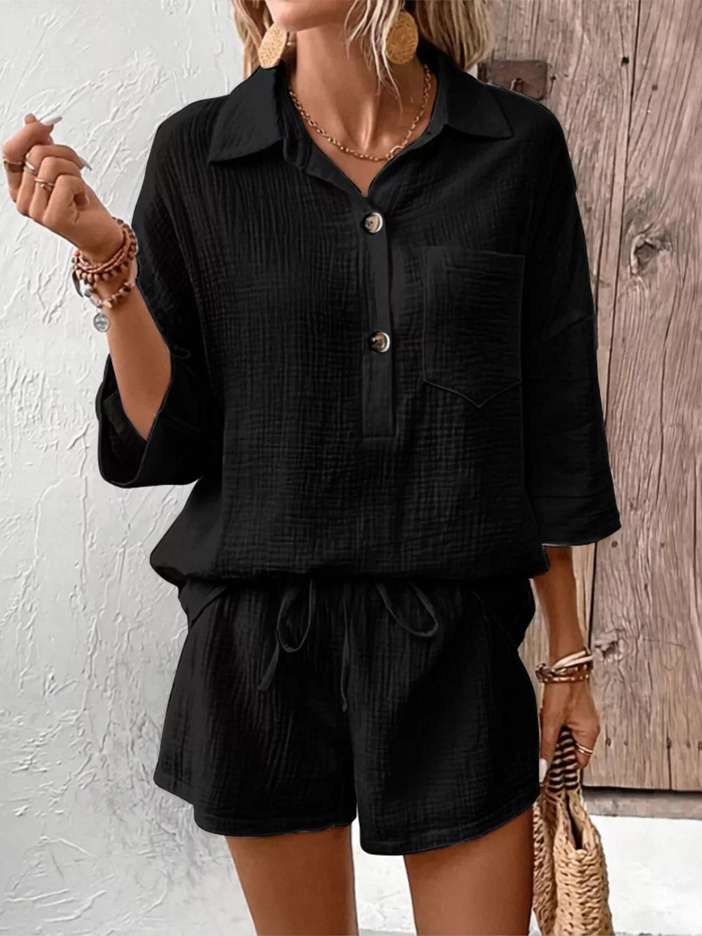 Button Detail Top Shorts Set (11)
