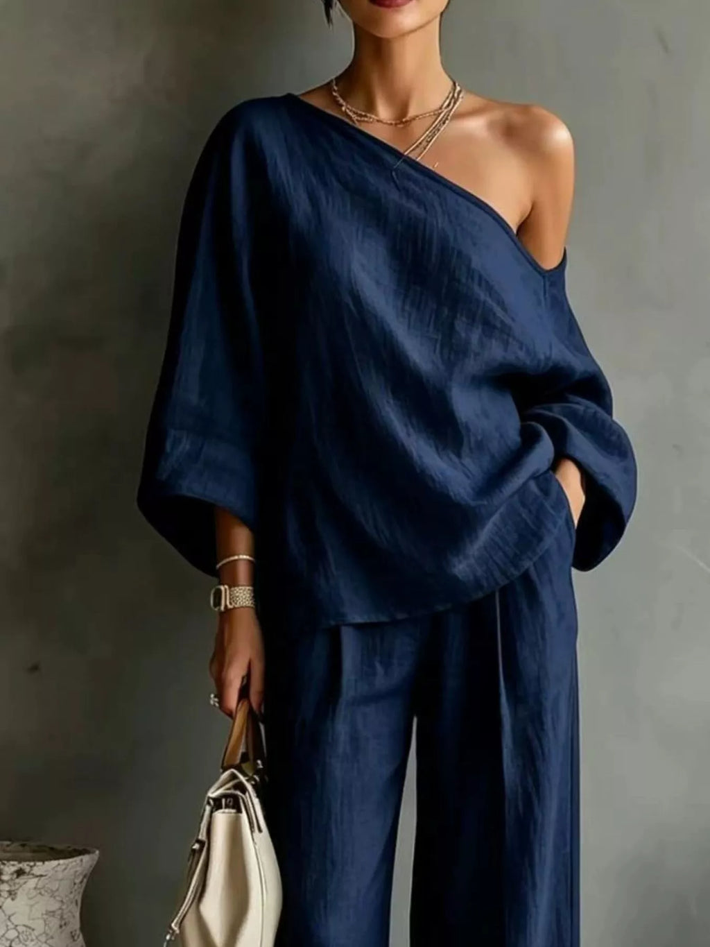 One Shoulder Top Wide Leg Pants Set (22)