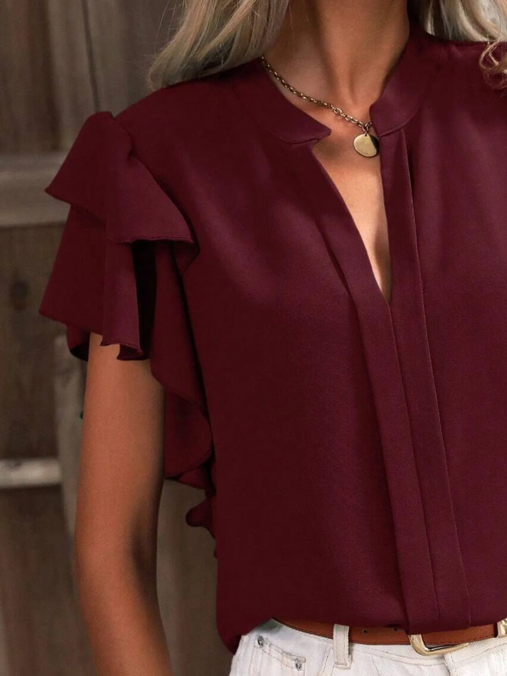 Ruffle Sleeve Notched Blouse (26)
