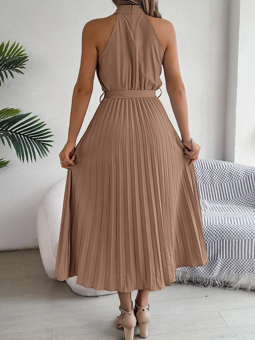 Grecian Neck Tie Waist Pleated Dress (15)