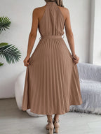 Grecian Neck Tie Waist Pleated Dress (15)