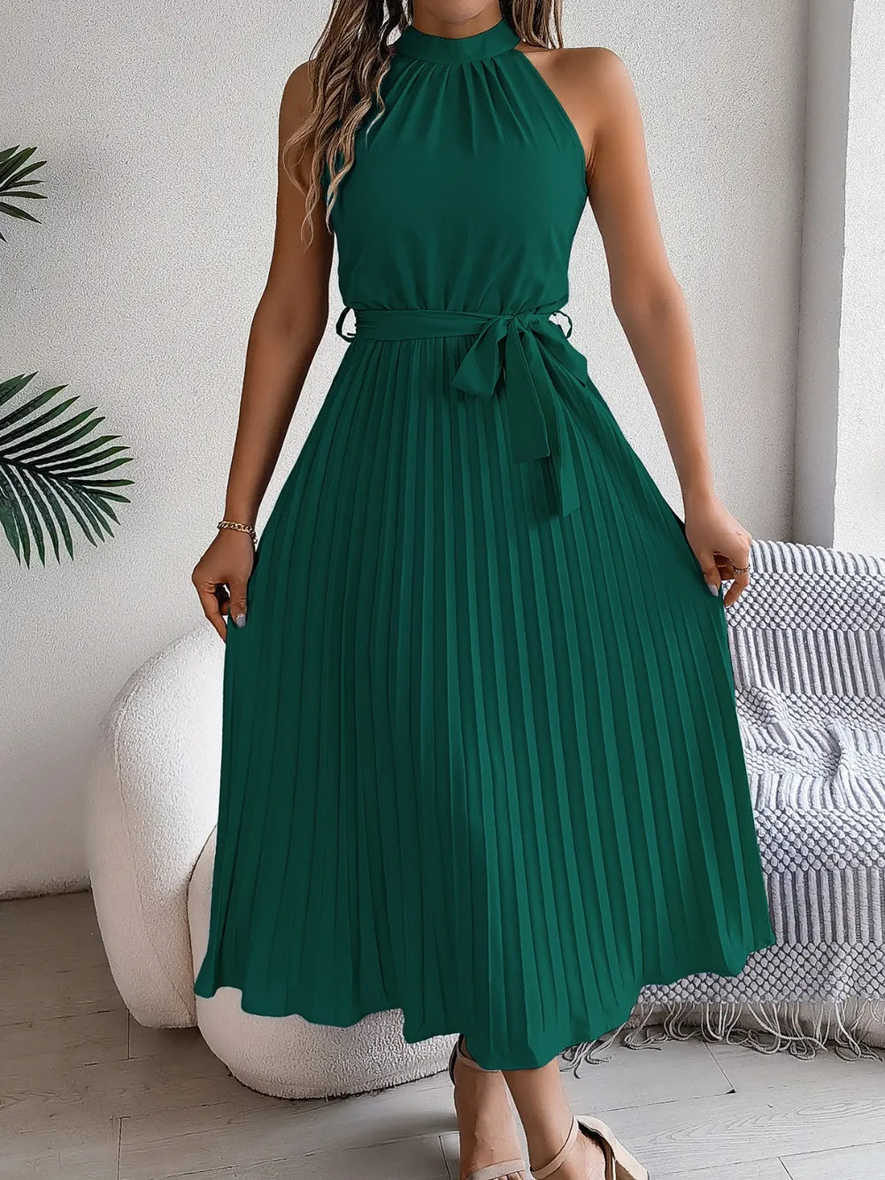 Grecian Neck Tie Waist Pleated Dress (11)