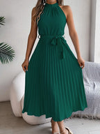 Grecian Neck Tie Waist Pleated Dress (11)