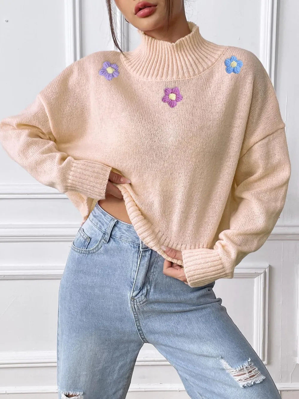 Flower Turtleneck Long Sleeve Sweater (3)